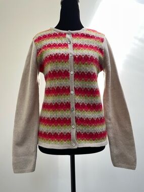 Laura Ashley Argyle Lambswool Cardigan Made in UK Pink Green Size S